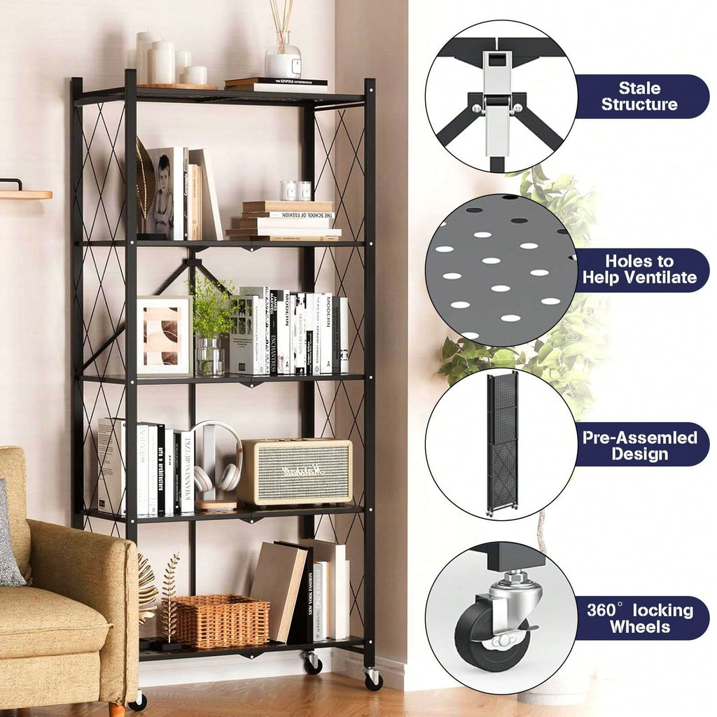 5Tier Foldable Storage Shelves With Wheels Metal Wire Shelf Rack No Assembly
