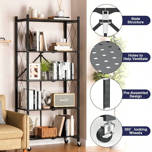 5Tier Foldable Storage Shelves With Wheels Metal Wire Shelf Rack No Assembly